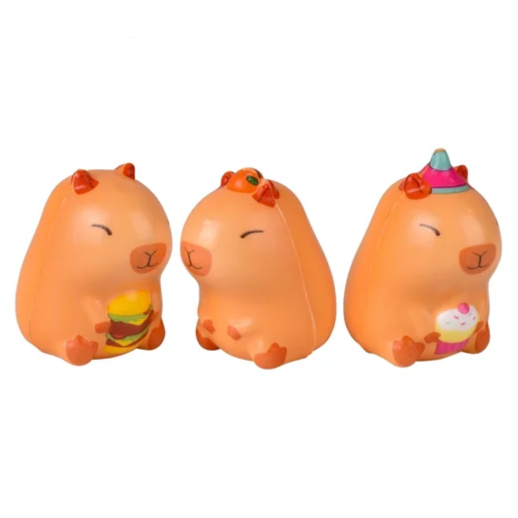 Three orange cartoon-like figures with various accessories on a white background,