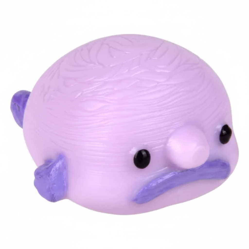 Purple whale-shaped toy with black eyes on a white background