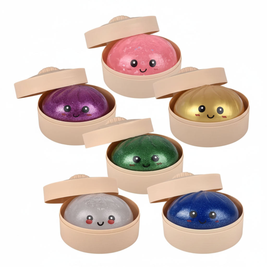 Colorful round toys with smiling faces in beige containers on a white background