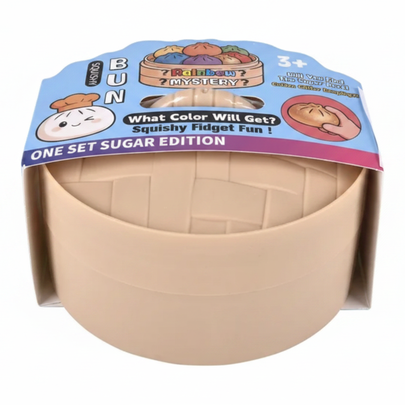 Fidget toy packaging with a beige ball and colorful label on a white background