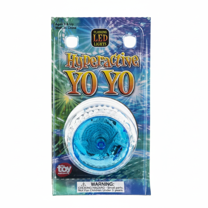 Packaged blue yo-yo with LED lights on a white background