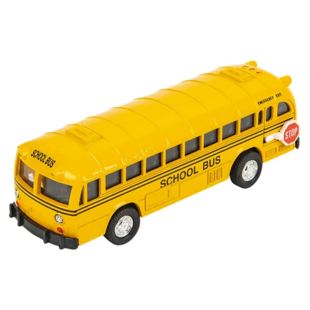 Yellow toy school bus with black details on a white background