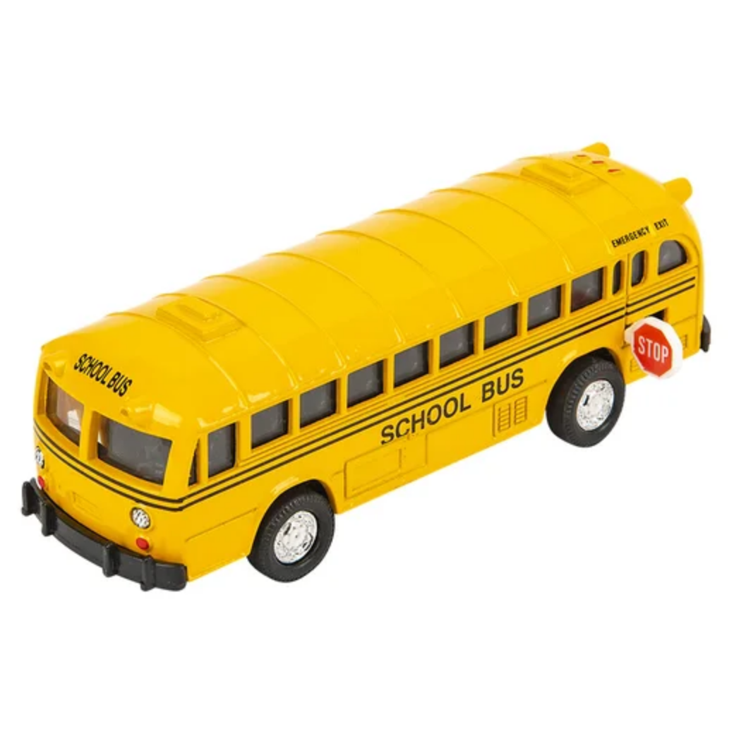 Yellow toy school bus with black details on a white background