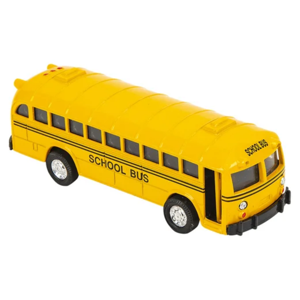 Yellow toy school bus with black stripes on a white background