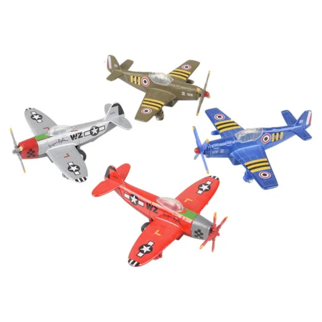 Four toy airplanes in different colors on a white background 