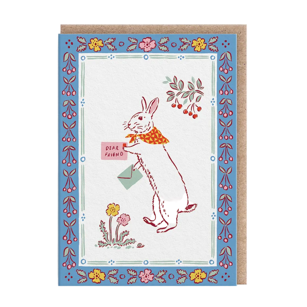 Greeting card with a rabbit illustration and decorative border on a white background