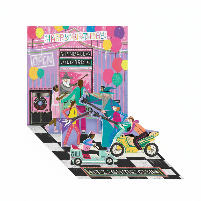 Colorful birthday card with retro arcade game design on a white background