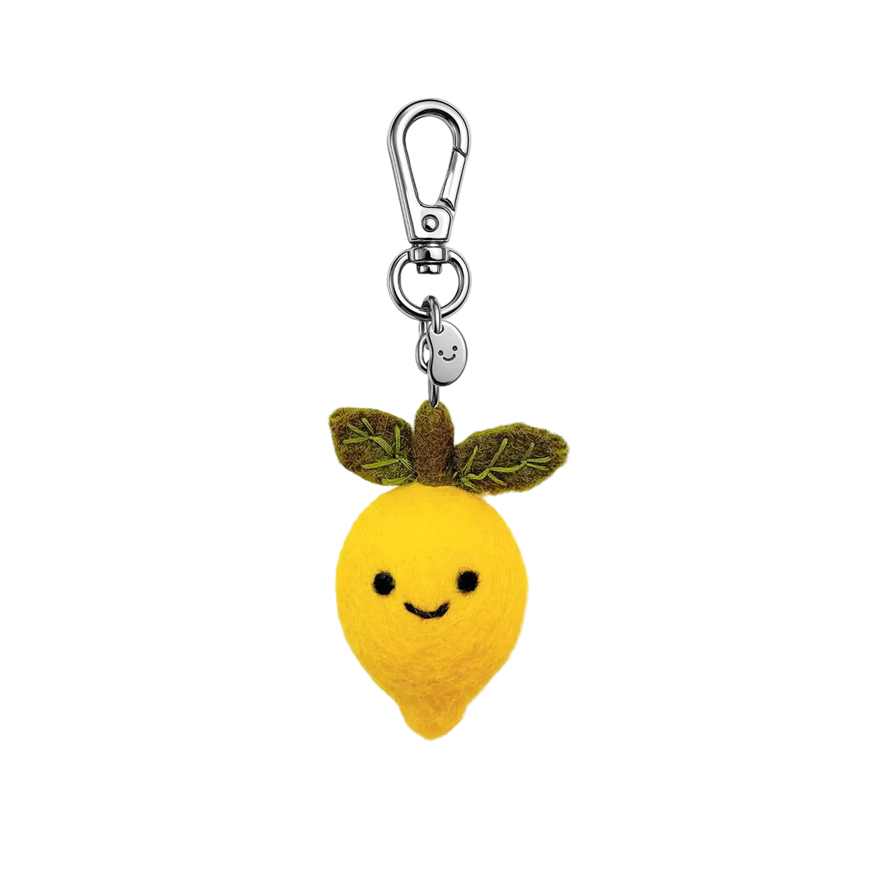 Yellow lemon-shaped keychain with a smiley face on a white background