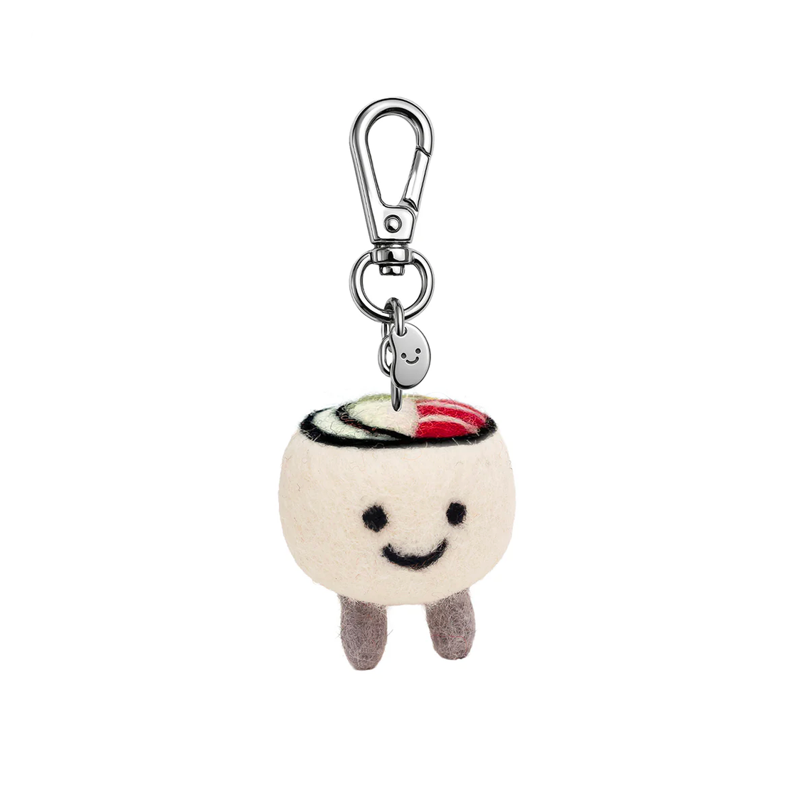 Plush keychain shaped like a smiling sushi roll with a carabiner on a white background