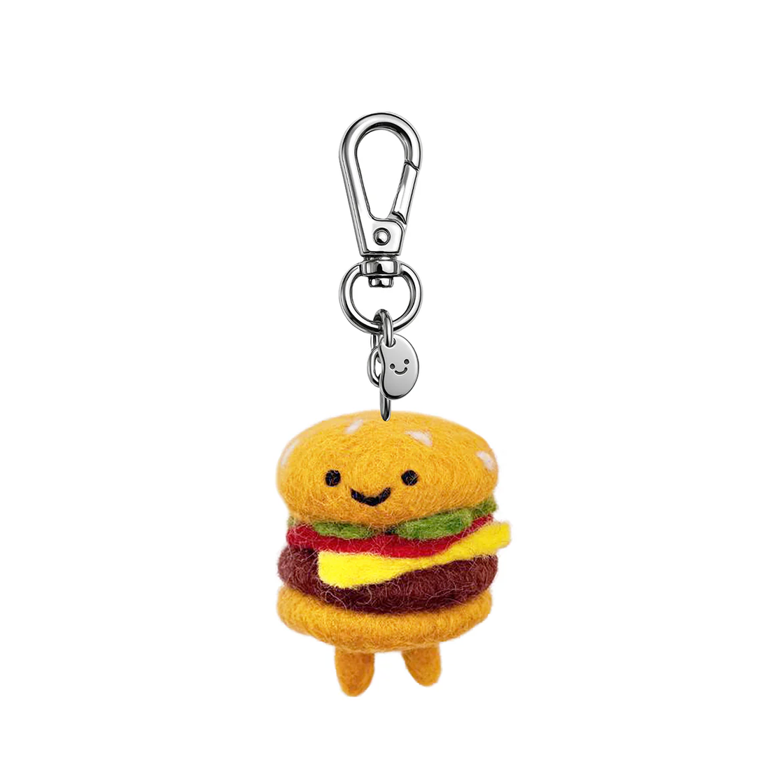 Plush burger keychain with a smiling face on a white background