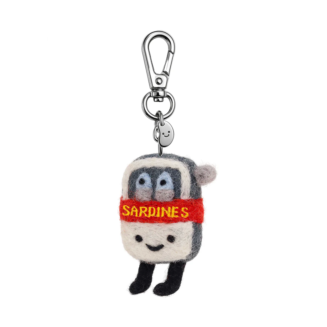 Plush keychain with a penguin design wearing a red sweater labeled 'Sardines' on a white background.