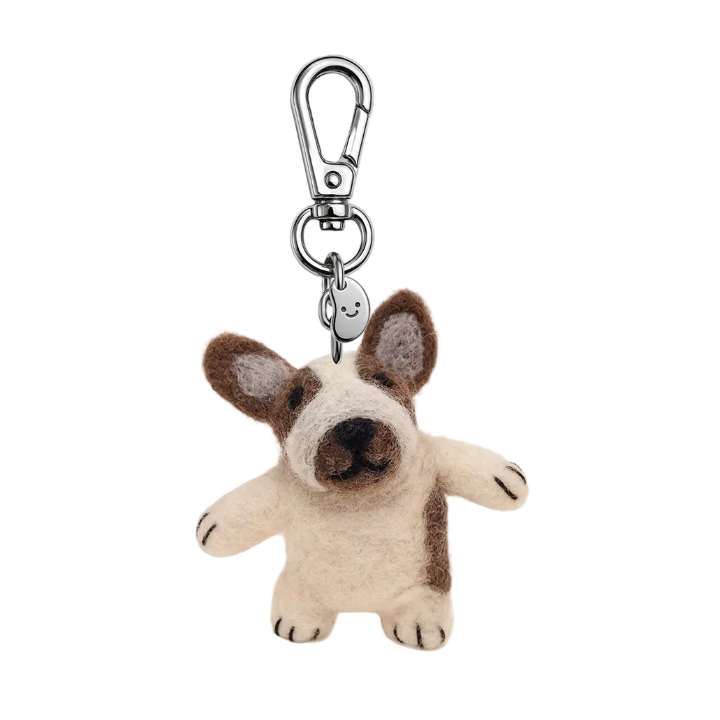 Plush dog-shaped keychain with a carabiner on a white background