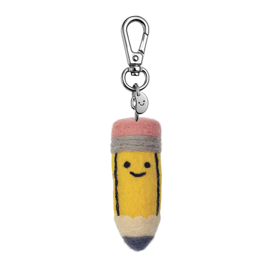 Plush pencil-shaped keychain with a smiling face on a white background
