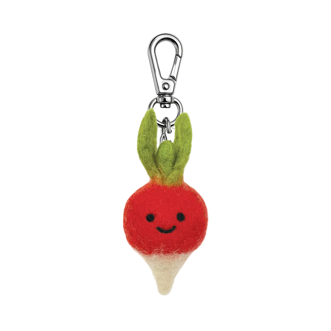 Plush radish keychain with a smiling face on a white background