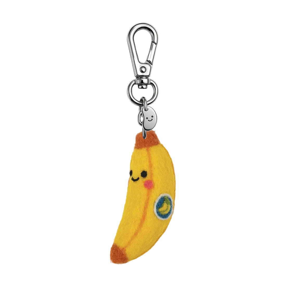 Banana-shaped keychain with a smiley face on a white background