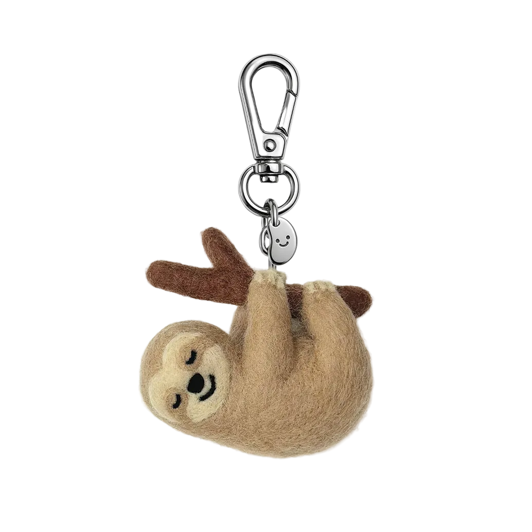 Plush sloth keychain with a clip on a white background