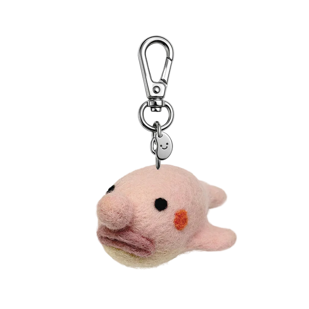 Plush fish-shaped keychain with a clip on a white background