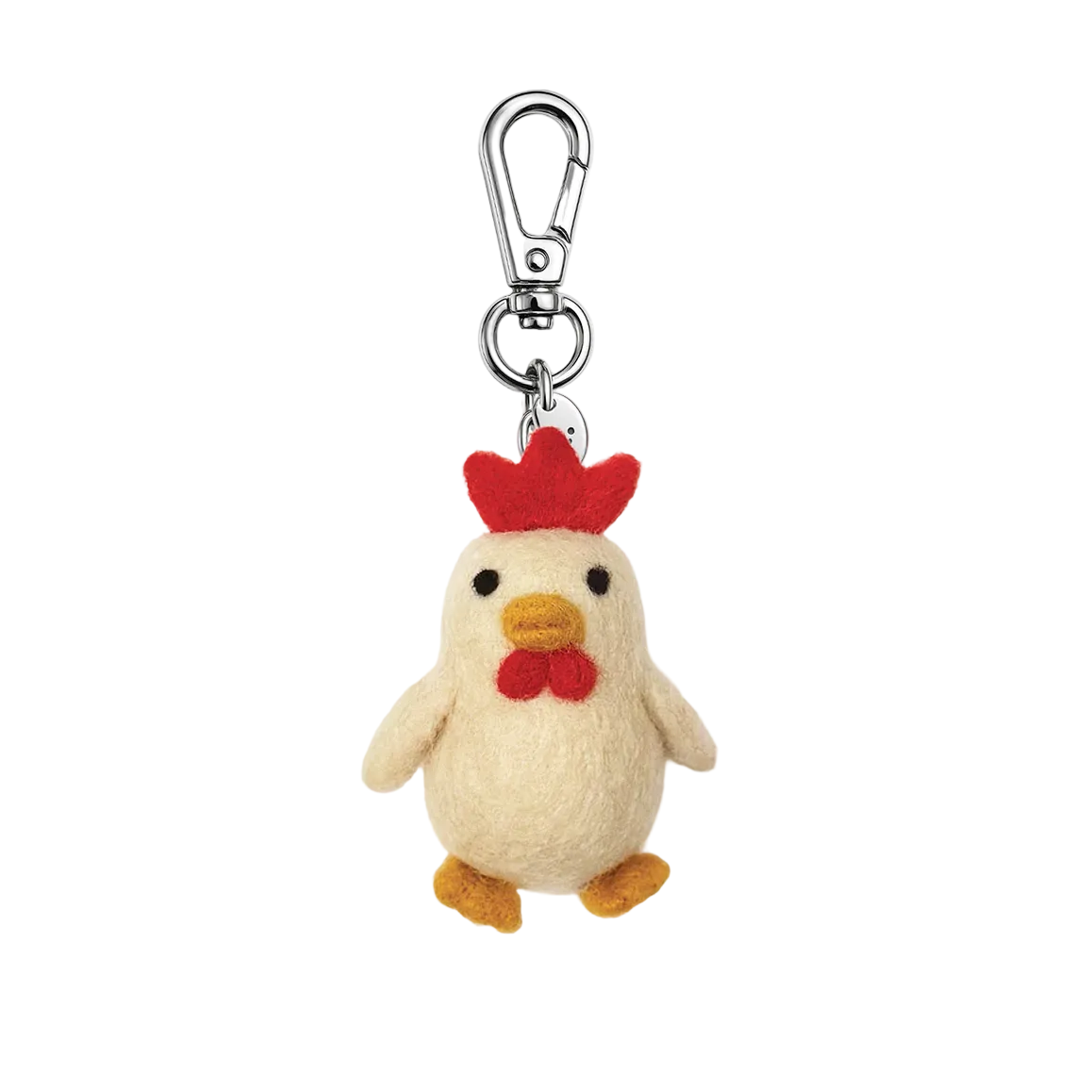 Plush chicken keychain with a red comb on a white background