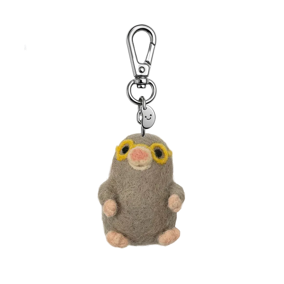 Plush mole keychain with a carabiner on a white background