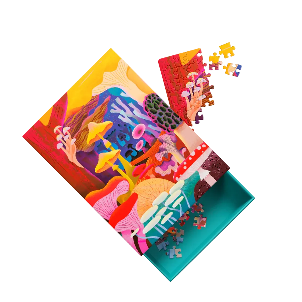 Colorful puzzle with pieces scattered on a white background