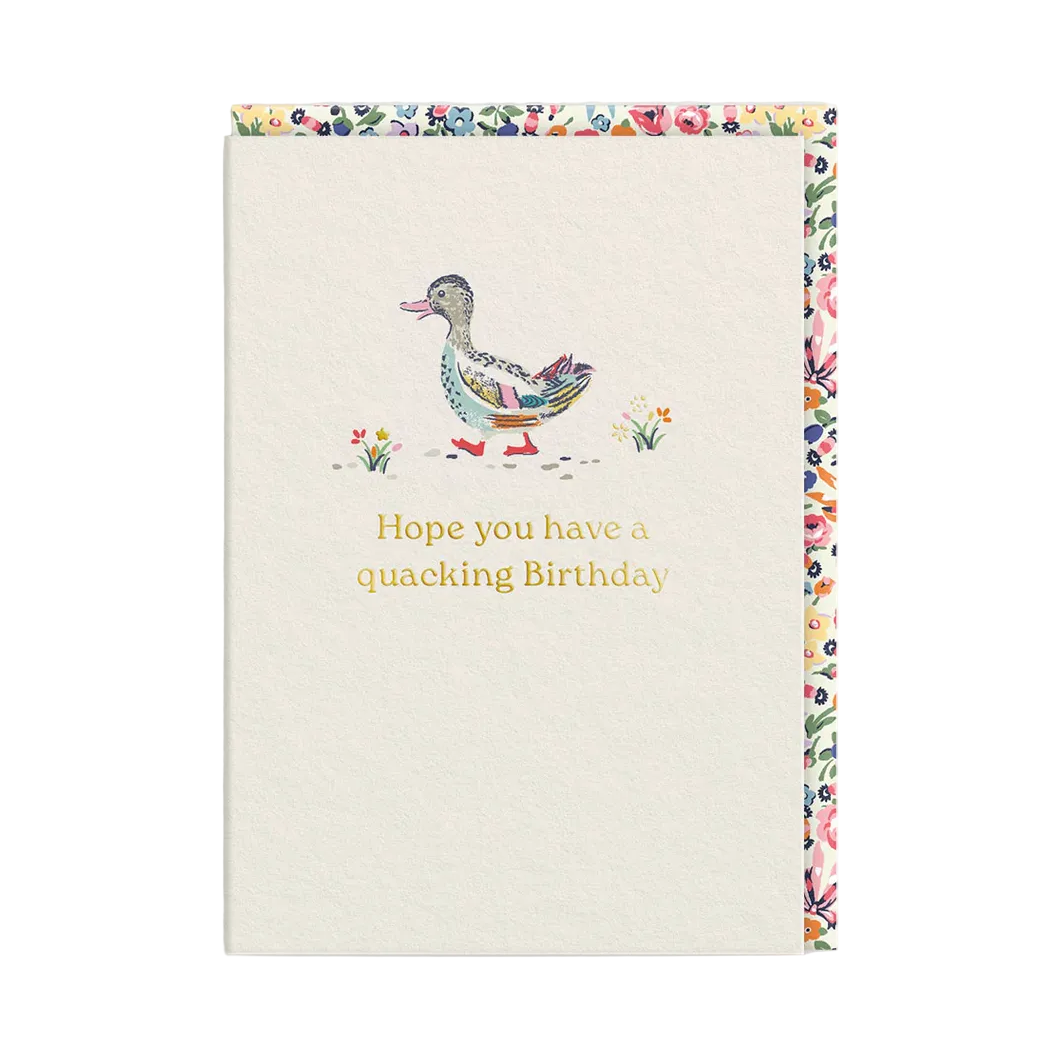 Greeting card with a duck illustration and floral border on a white background