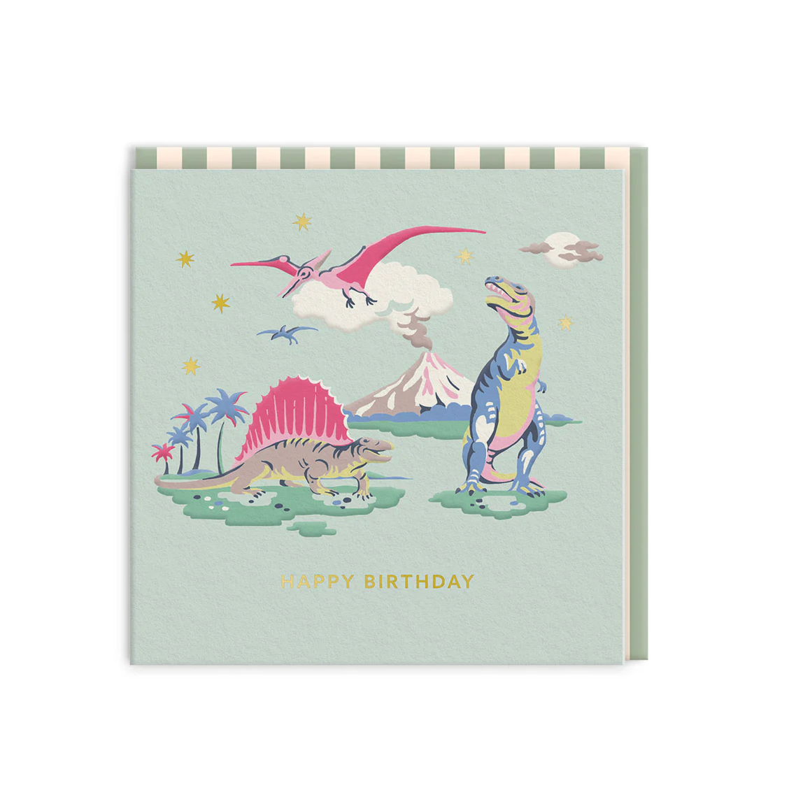 Birthday card with colorful dinosaur illustrations on a light blue background