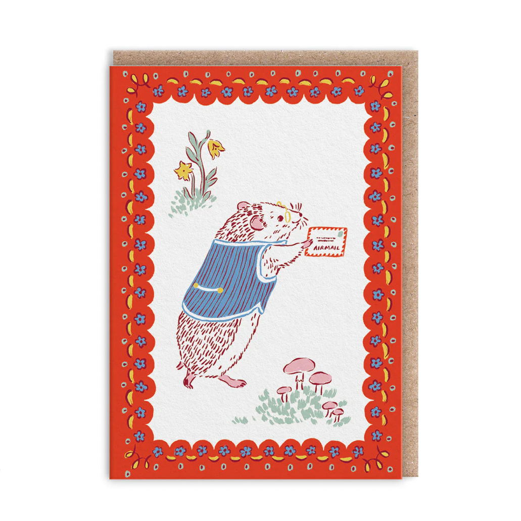 Greeting card with a hedgehog holding a card and floral border on a white background