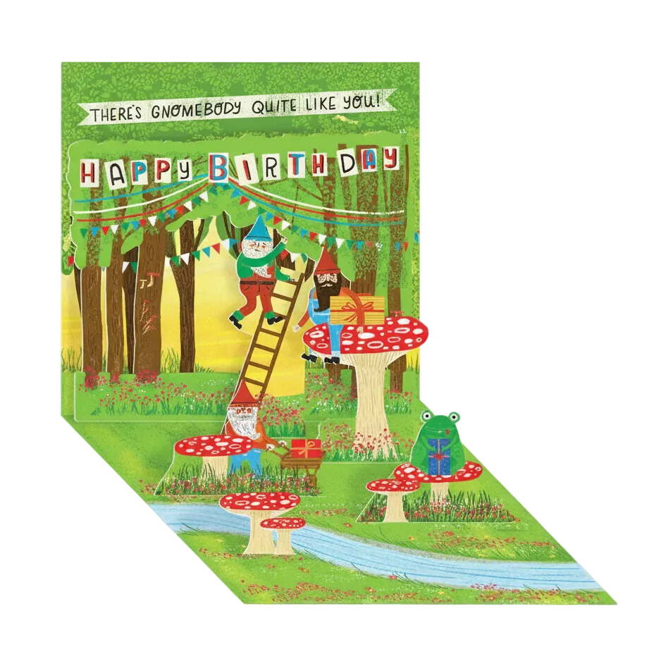 Birthday card with gnomes and forest design on a white background