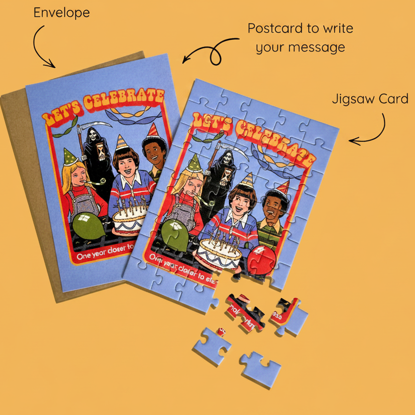 Jigsaw card with envelope and postcard on a yellow background