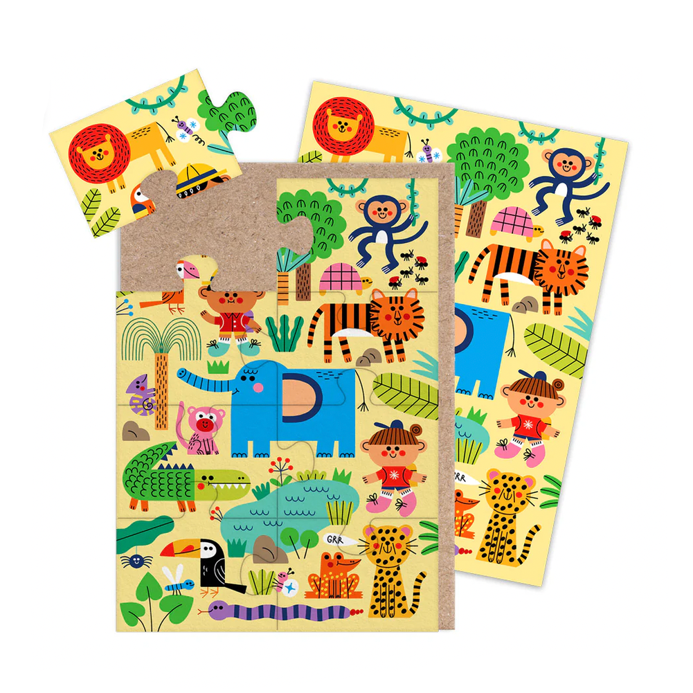 Children's puzzle with colorful animal illustrations on a white background