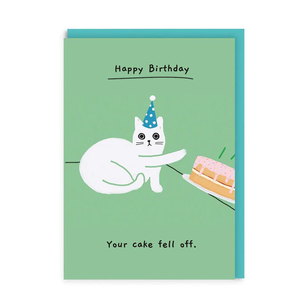 Birthday card with a cat illustration and humorous text on a green background
