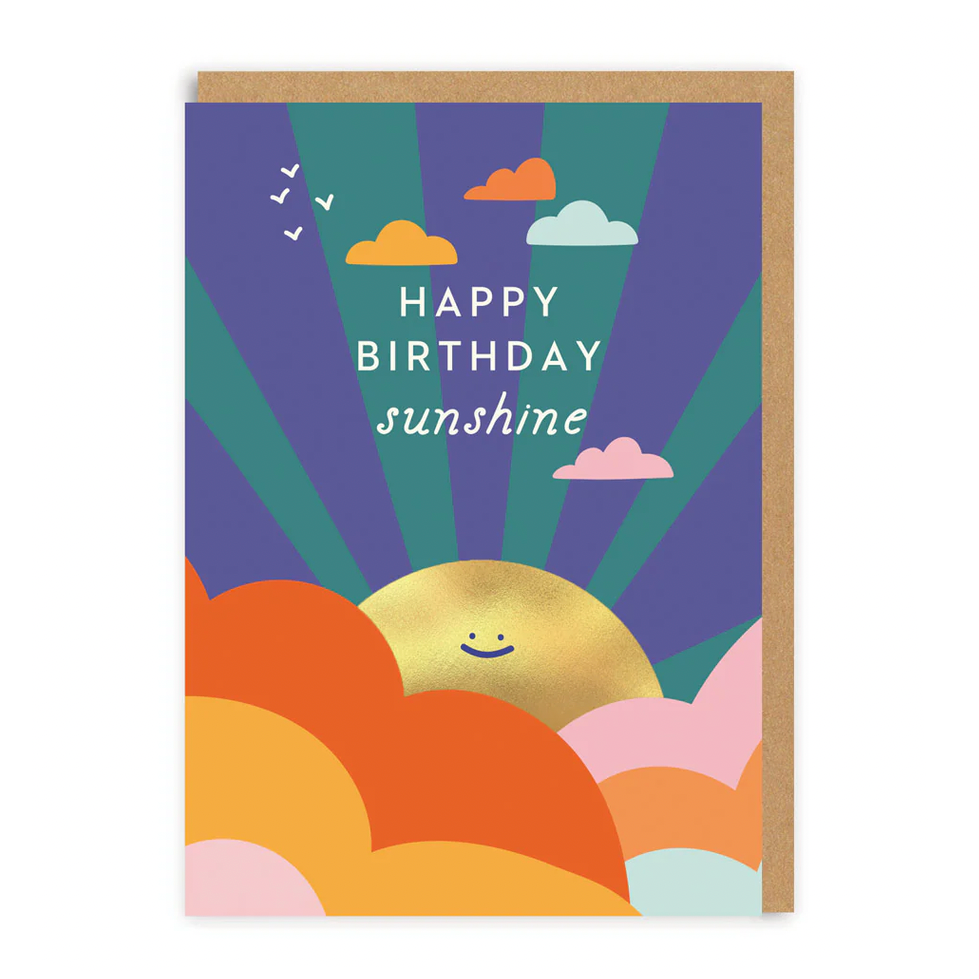 Colorful birthday card with sun and clouds design on a white background