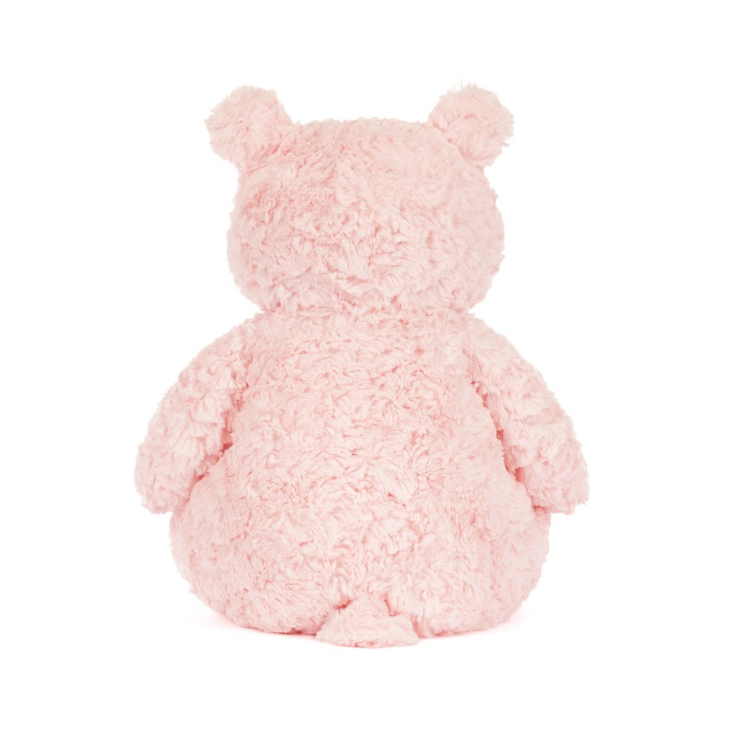 Pink teddy bear toy with 'Leola Bear' branding on a white background