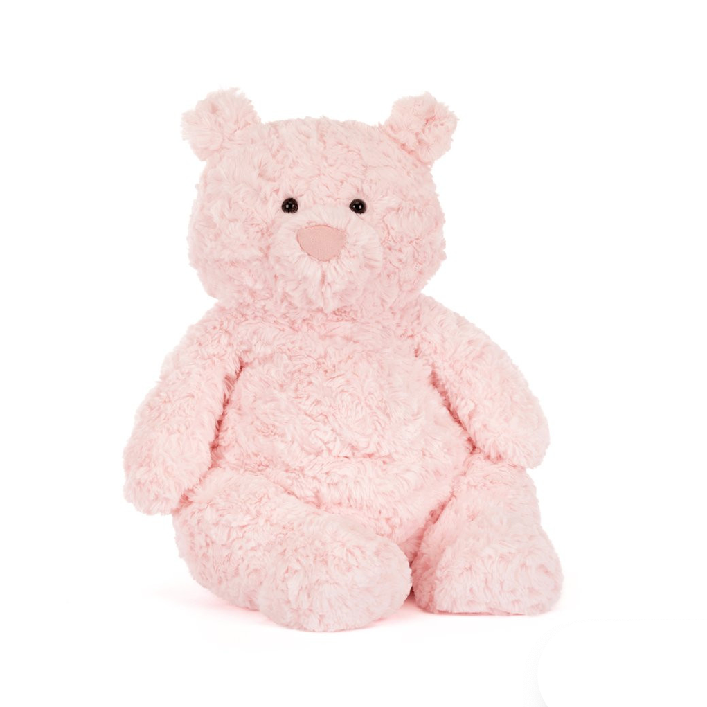 Pink teddy bear with 'Leola Bear' label on a white background