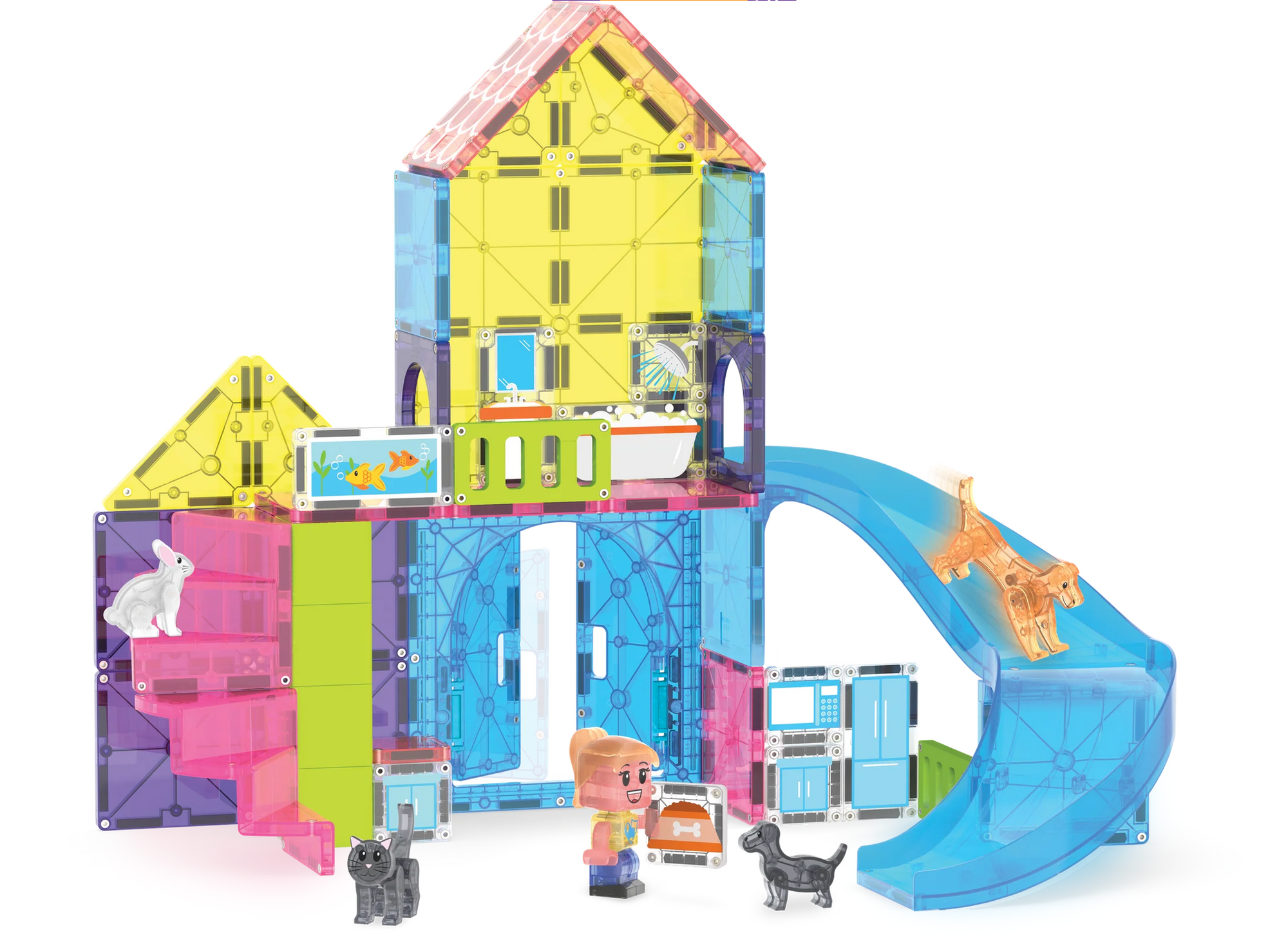 Colorful toy building set with a slide on a white background