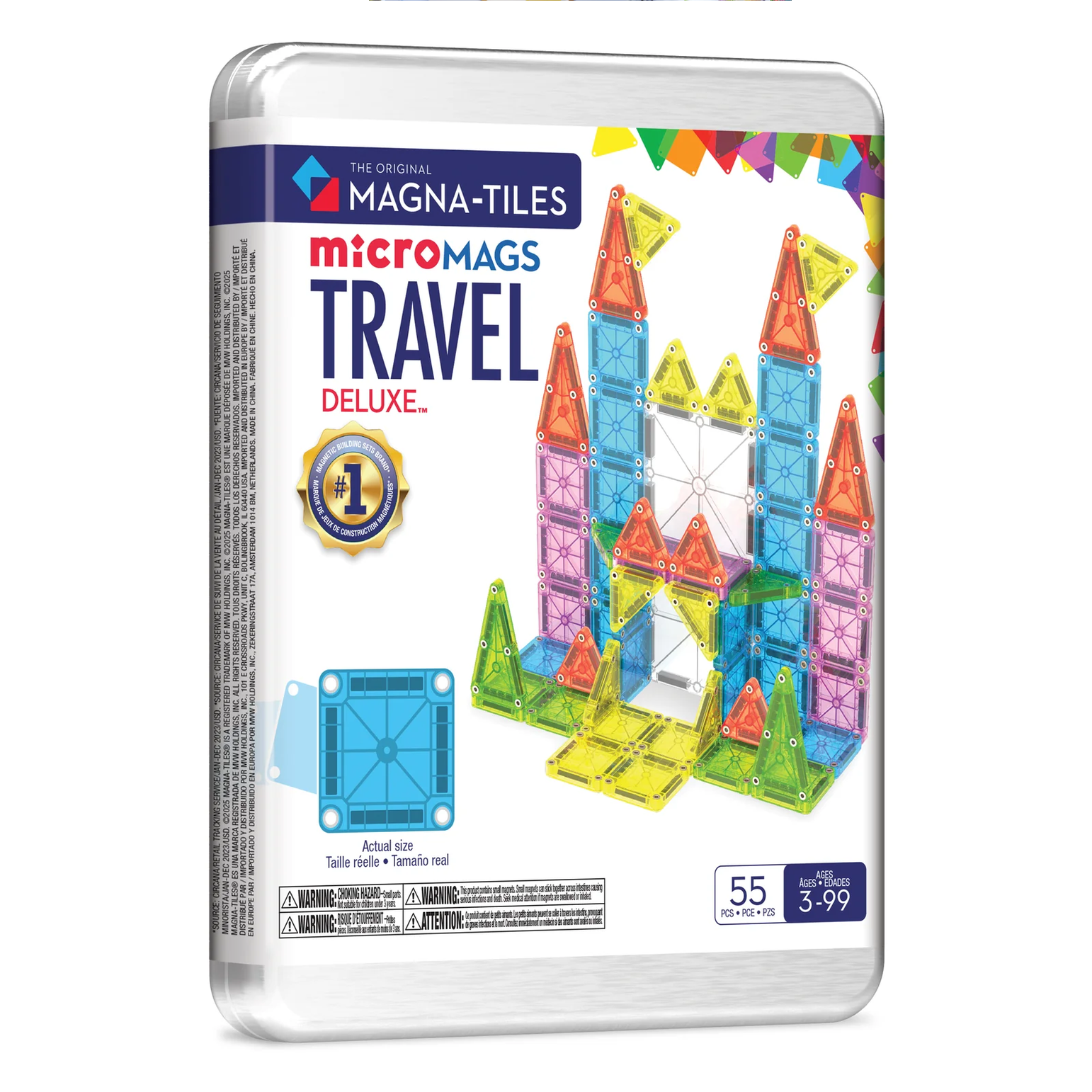 Magna-Tiles Micromags Travel Deluxe set packaging with colorful magnetic tiles on a white background