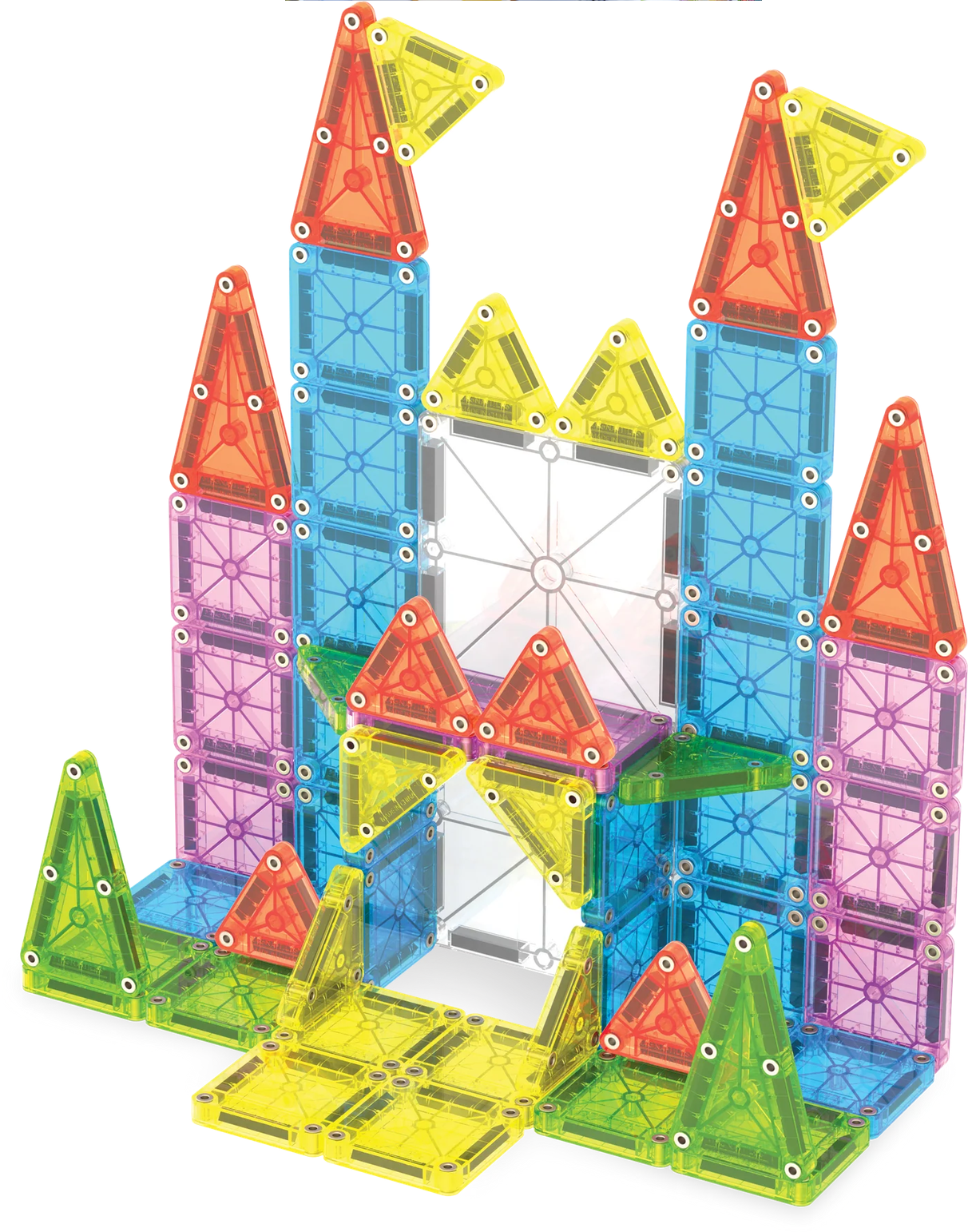 Colorful magnetic building blocks set on a white background