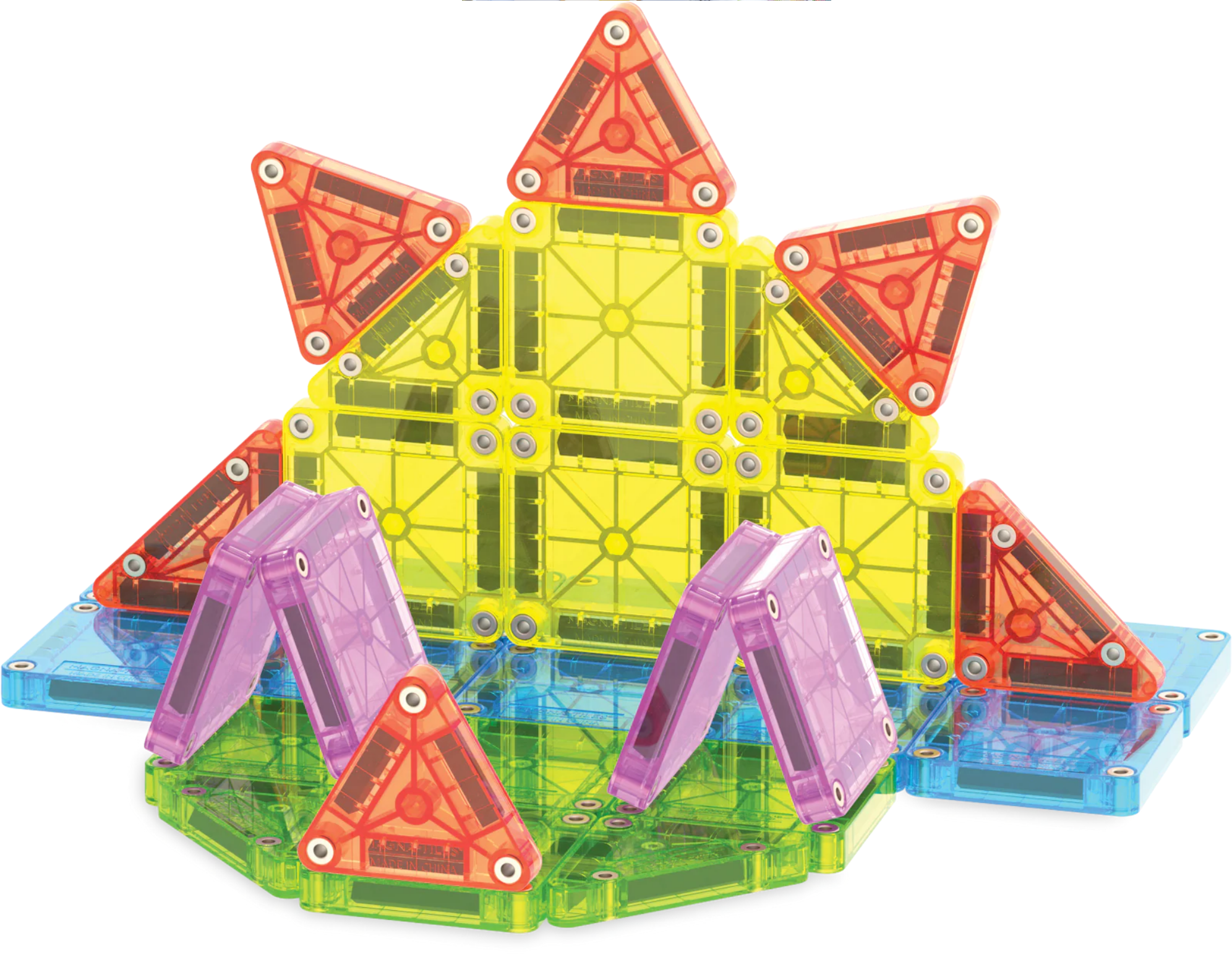 Colorful magnetic building blocks on a white background