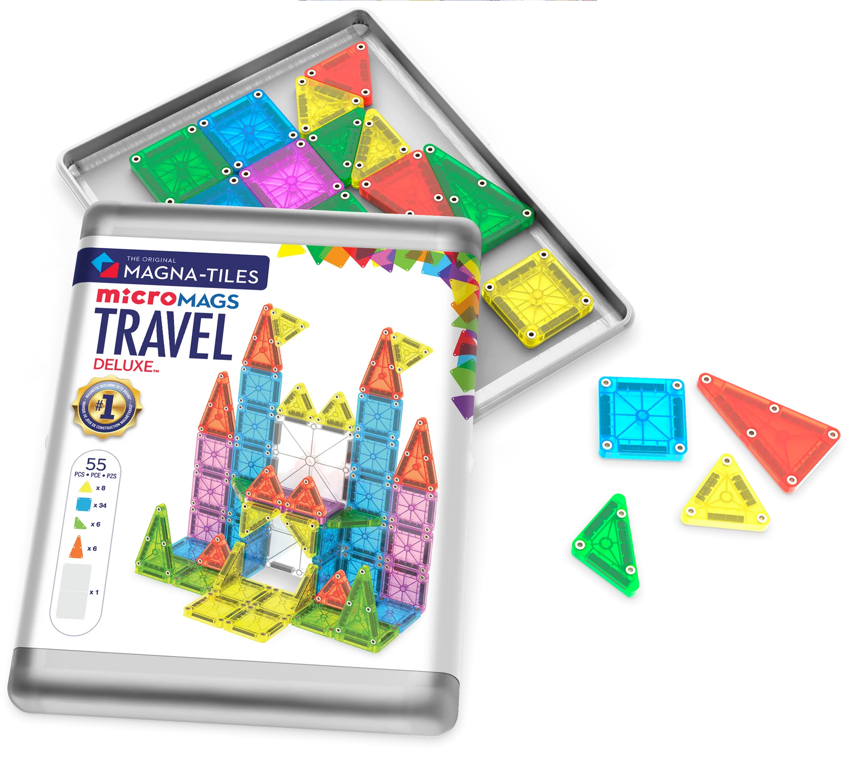 Magna-Tiles microMAGS Travel Deluxe set with colorful magnetic tiles on a white background