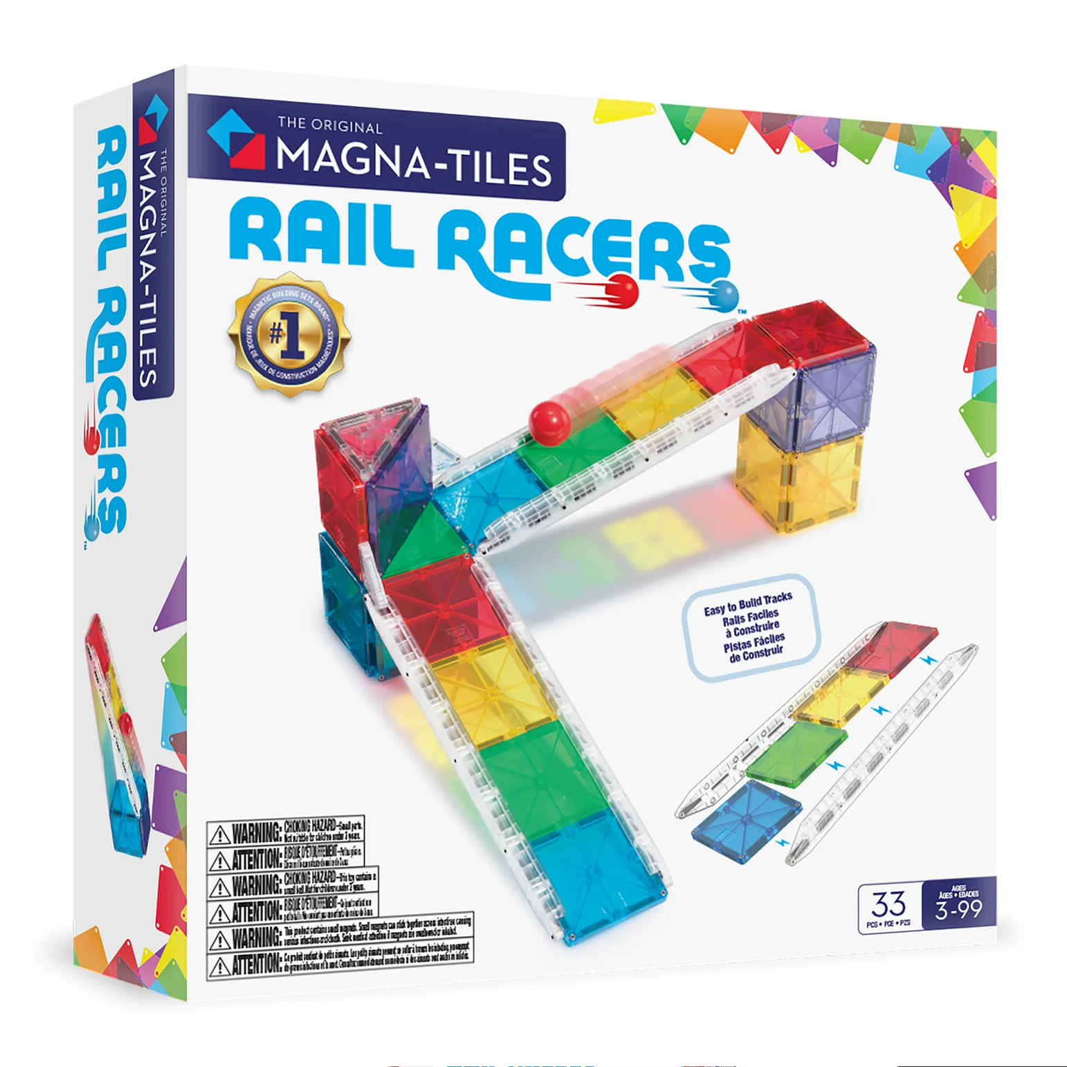 Magna-Tiles Rail Racers toy set packaging with colorful tracks and a ball on a white background.