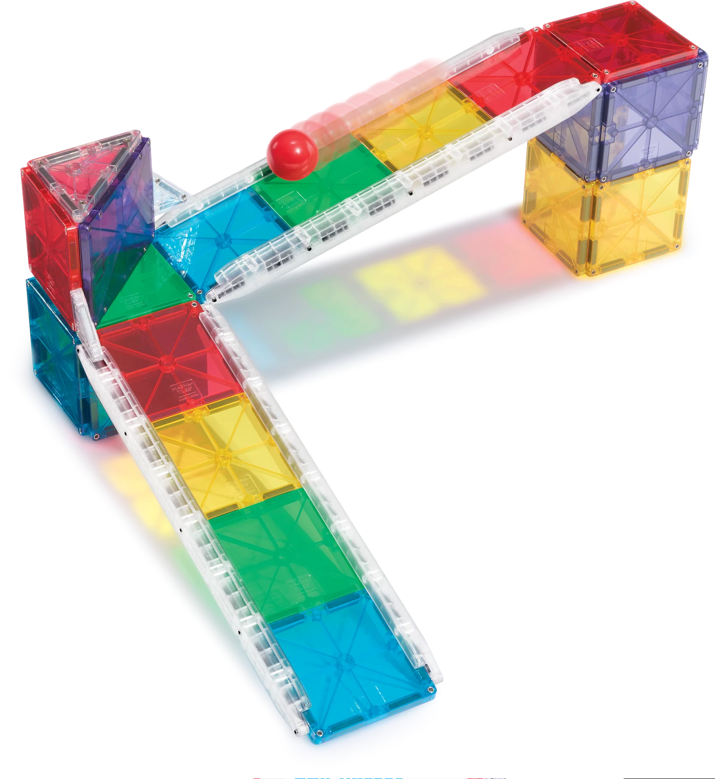 Colorful magnetic building blocks on a white background
