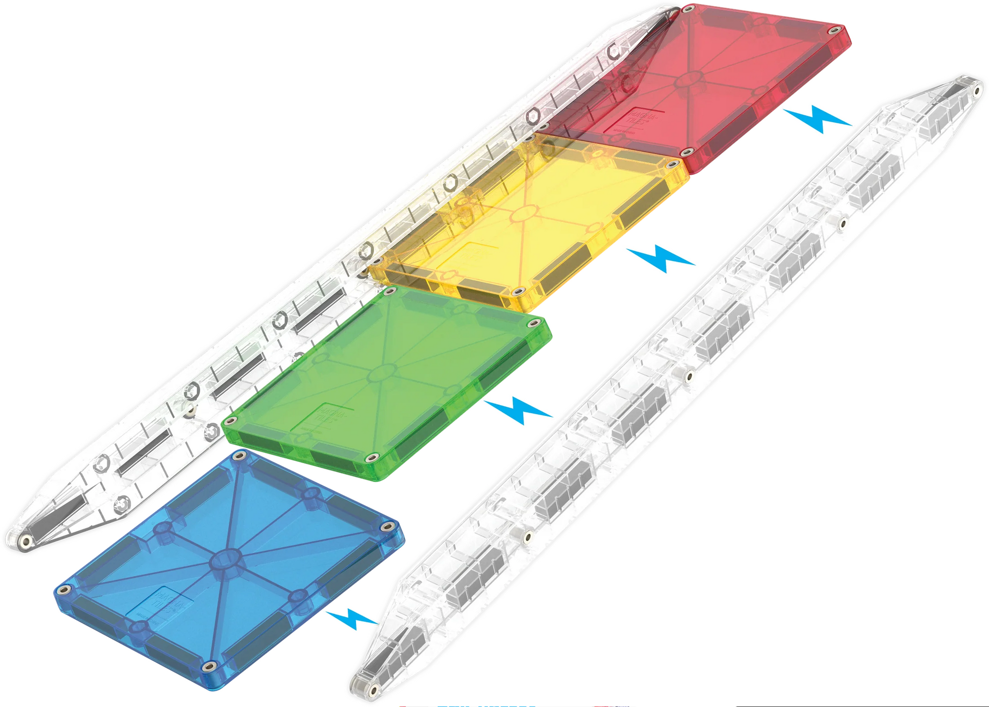 Colorful magnetic building tiles on a white background