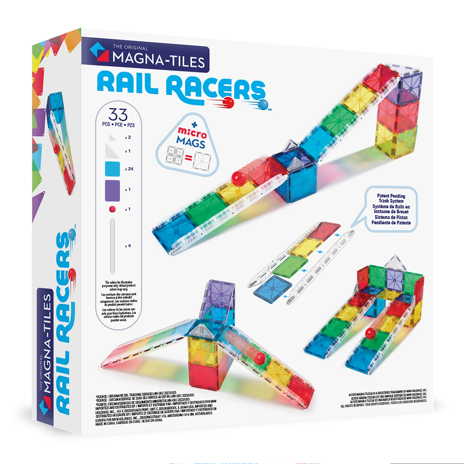 Magna-Tiles Rail Racers toy set packaging with colorful tracks and magnetic tiles.
