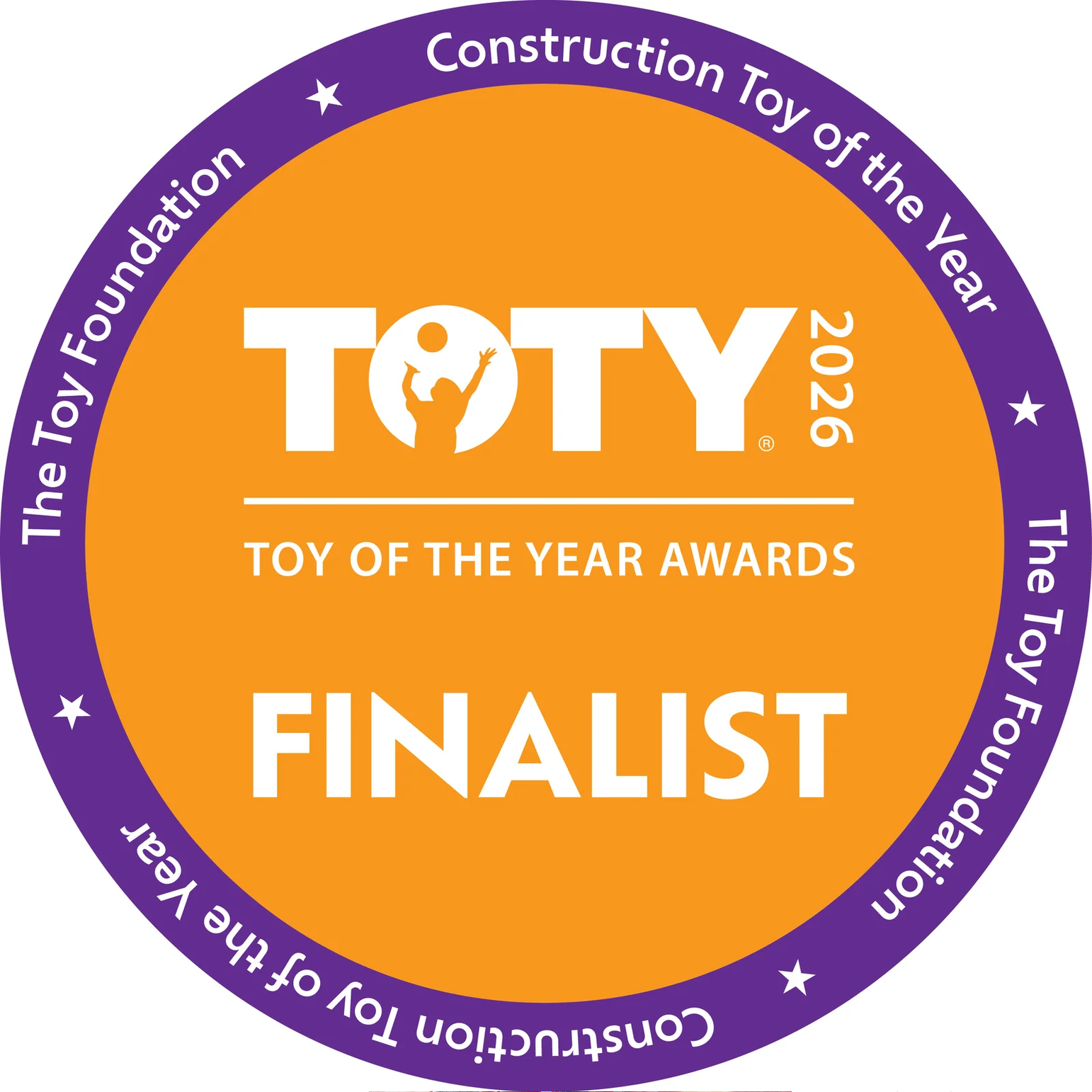 TOTY 2026 Toy of the Year Awards Finalist badge with purple and orange colors.