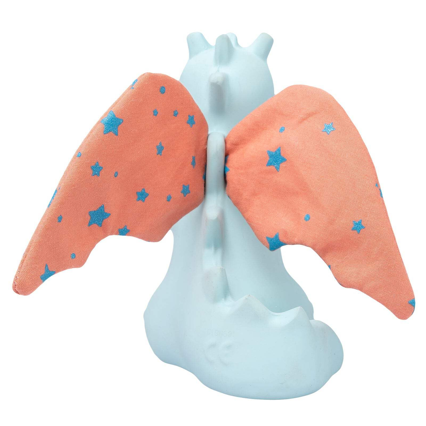Blue creature figurine with pink wings featuring blue star patterns on a white background
