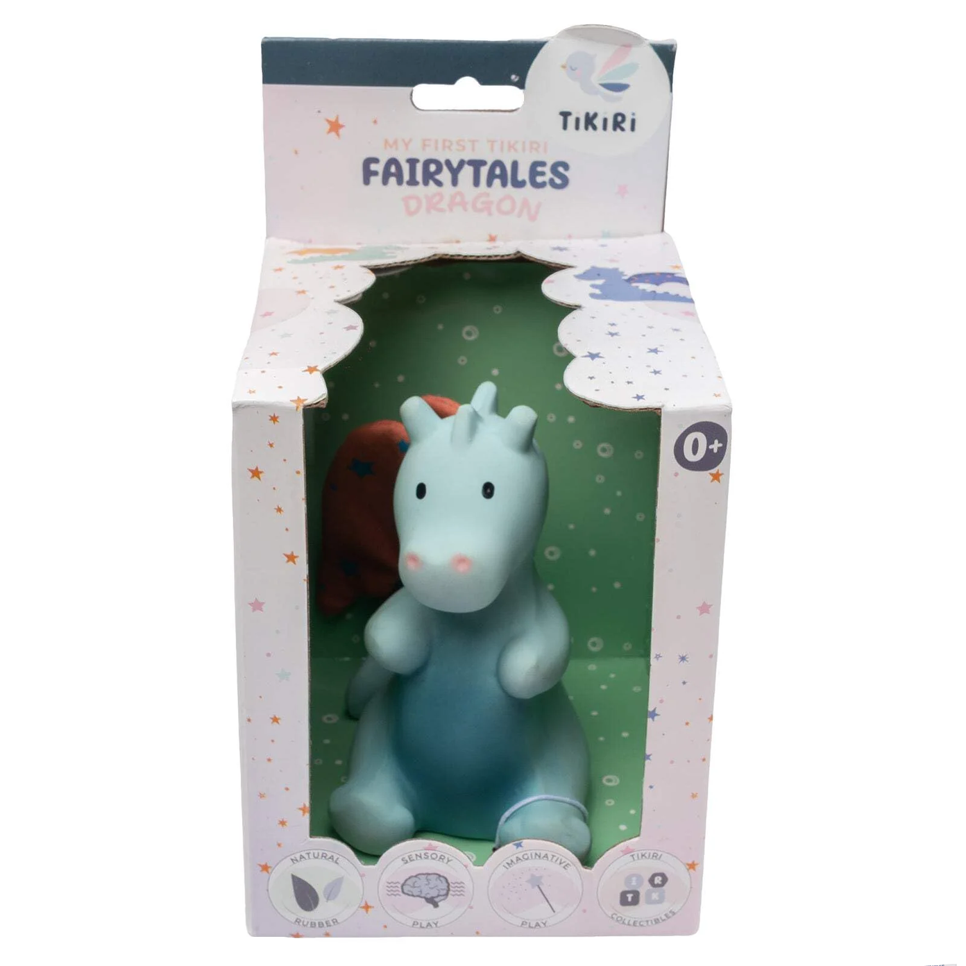 Blue toy dragon in a TikiRi packaging with 'My First Tinkle Fairytales' branding.