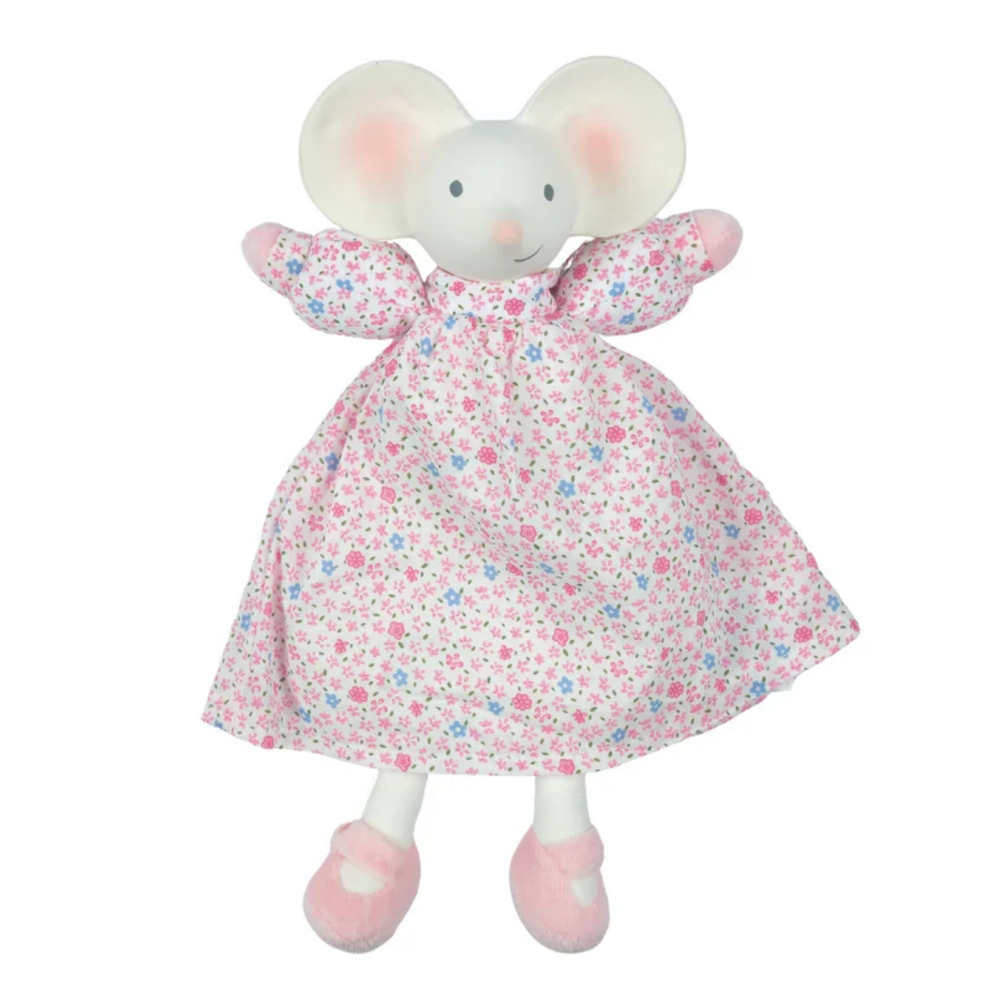 Plush mouse toy wearing a floral dress on a white background