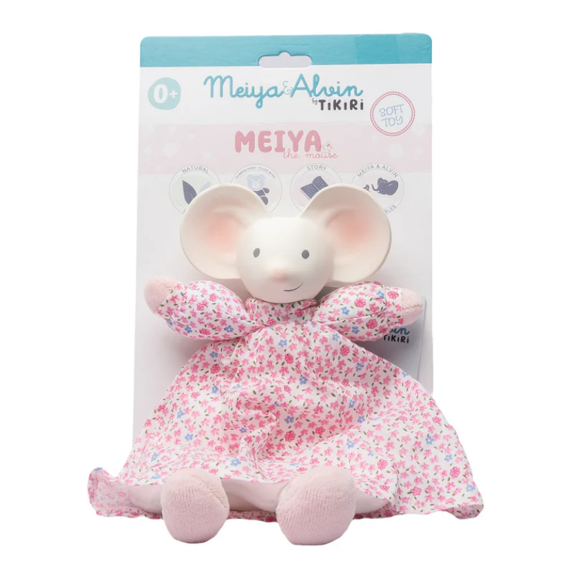 Plush toy mouse in a floral dress with packaging displaying 'Meiya Alvin Tiki Ri' on a white background.