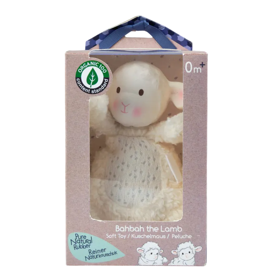Tikiri Toys Bahbah the Lamb baby soft toy packaging with organic rubber teether head on a white background.