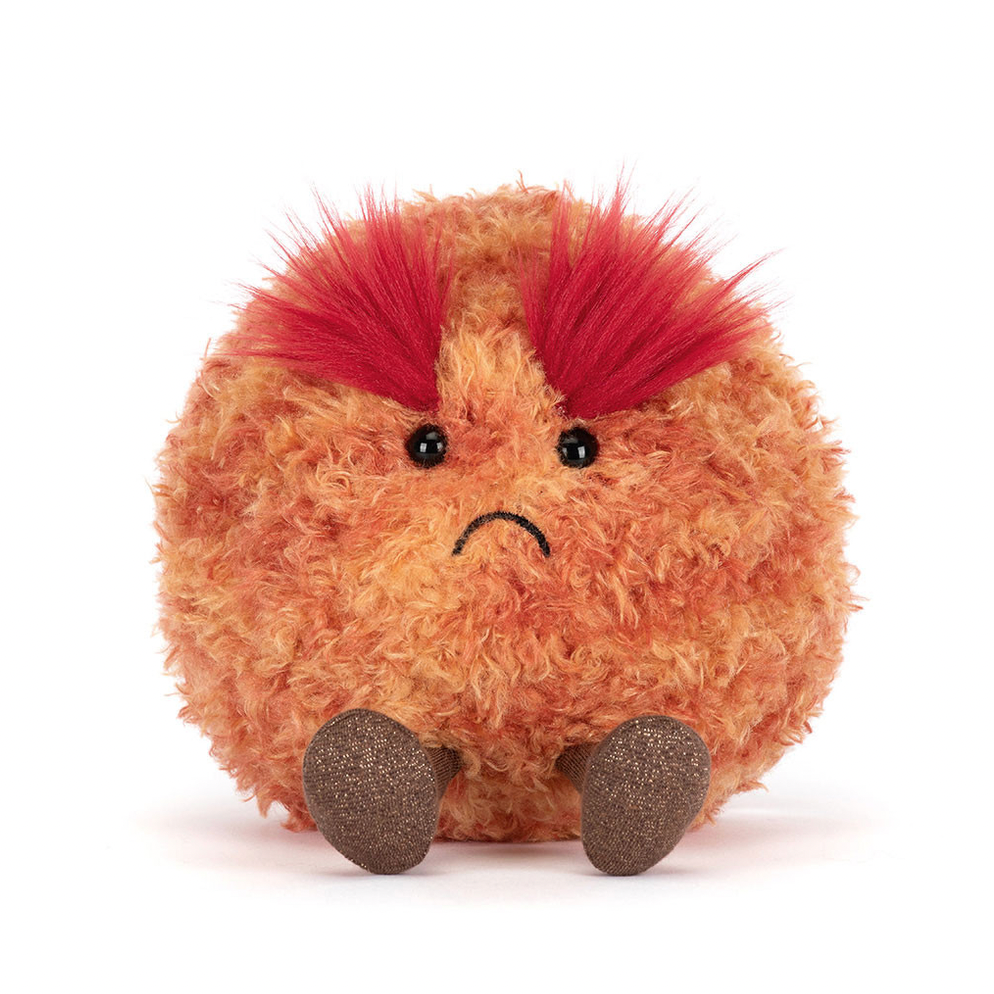 Plush toy with red hair and sad expression on a white background